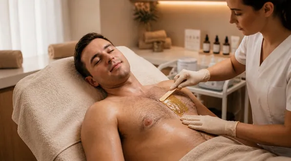 Mann bei der Brust-Waxing Behandlung im Studio