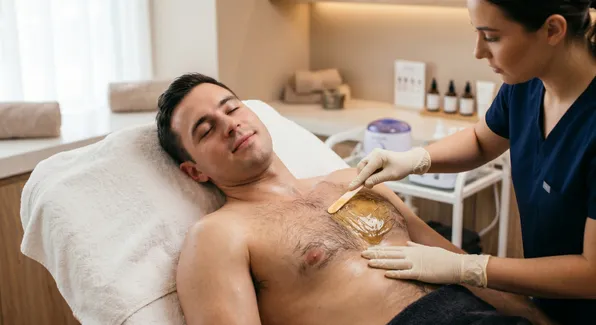 Mann bei der Brust-Waxing Behandlung im Studio